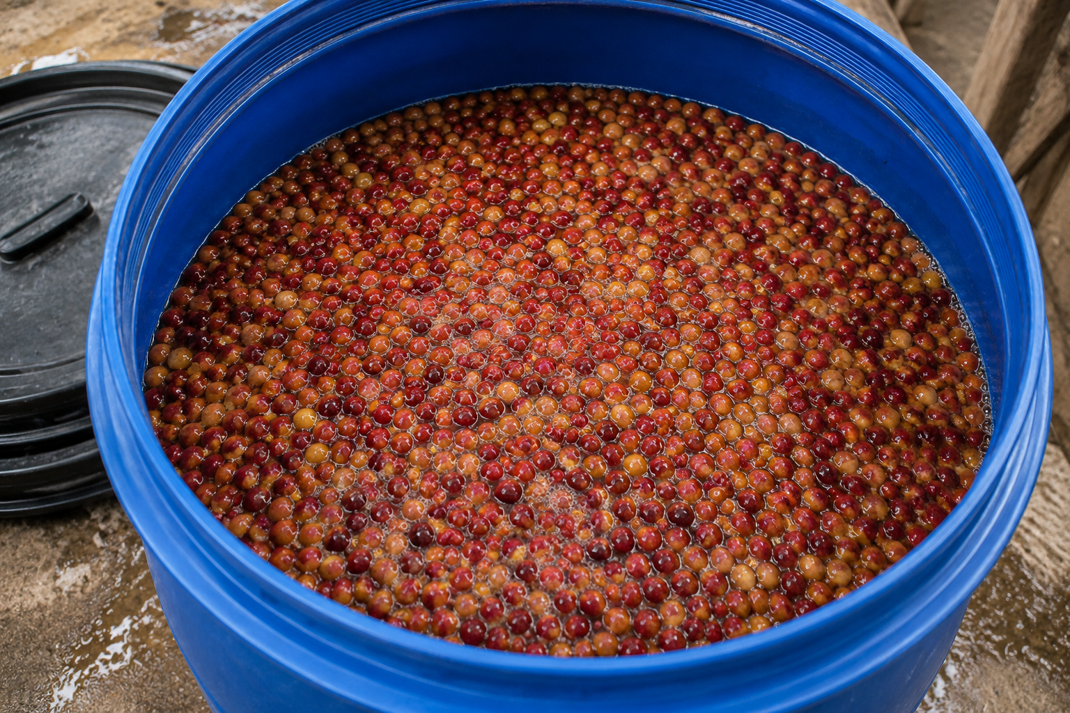 Anaerobic Fermentation Coffee in blue plastic barrel
