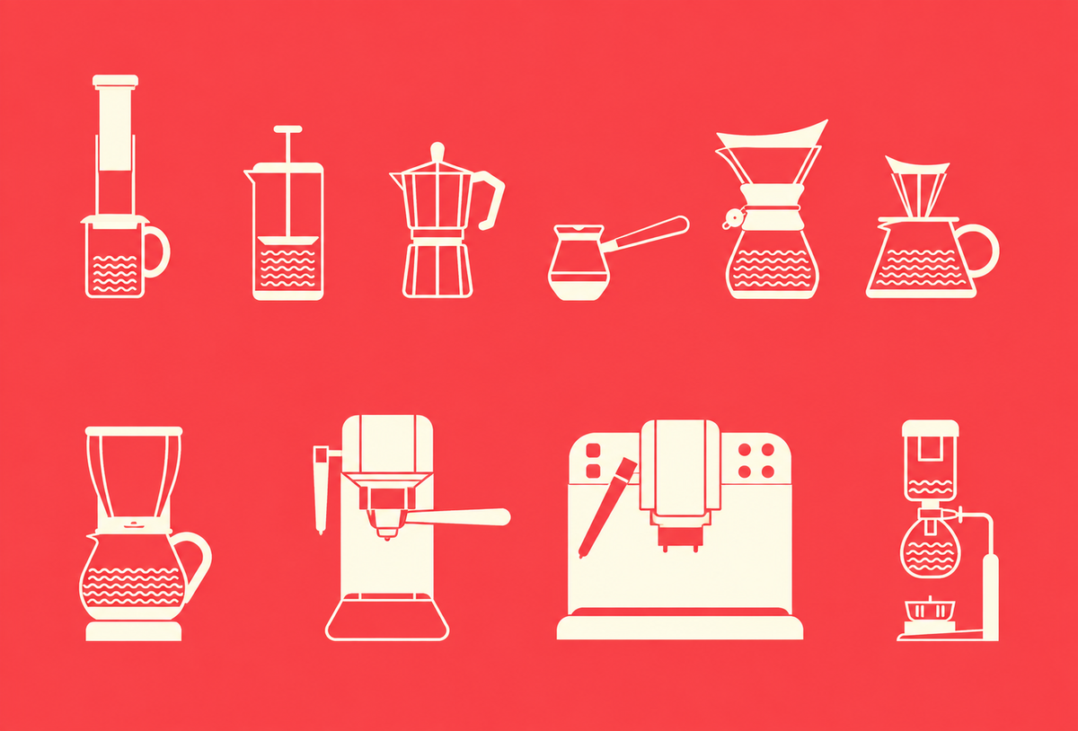 Coffee Brewing Methods icons on a red background