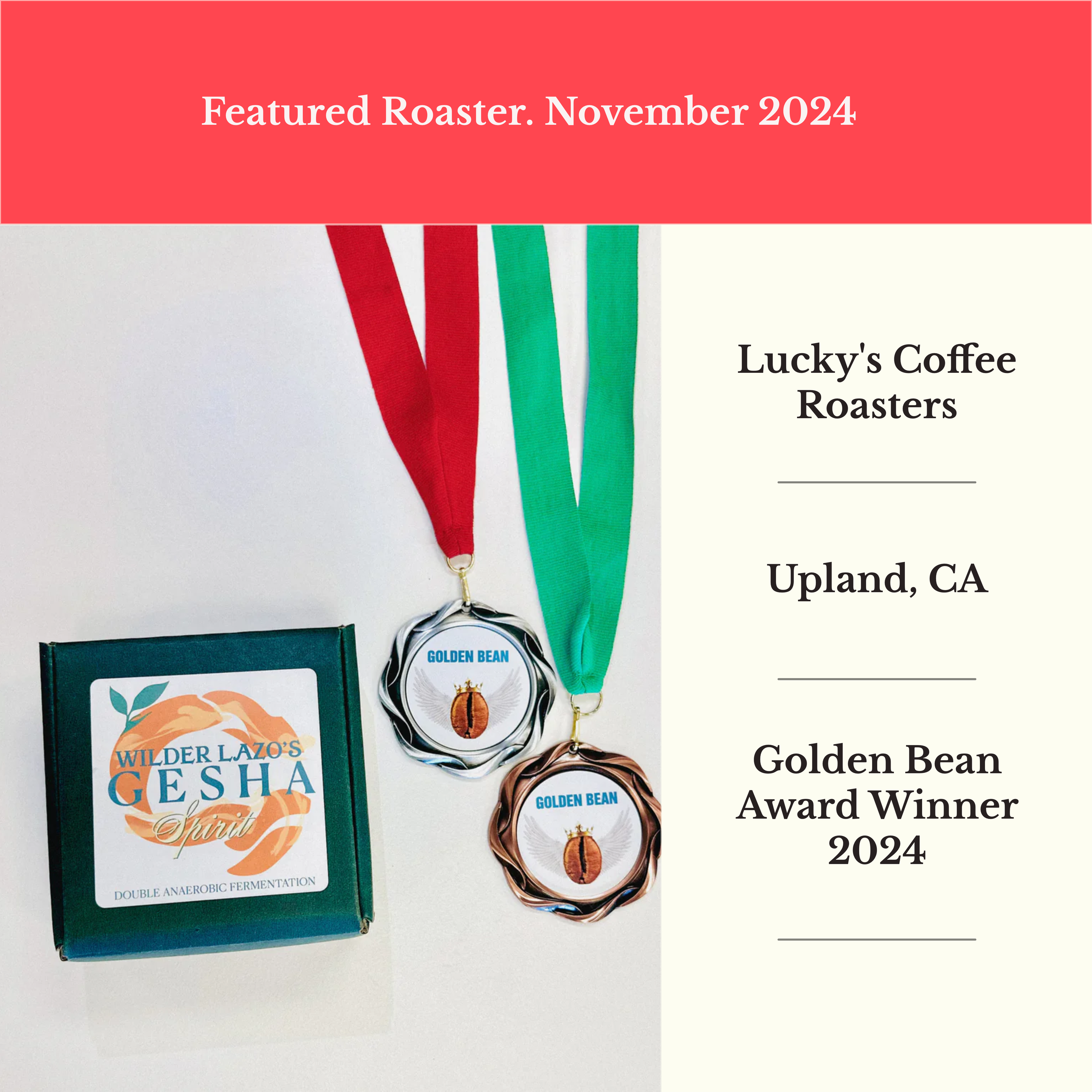 November 2024: Lucky's Coffee Roasters. Golden Bean Award Winner 2024