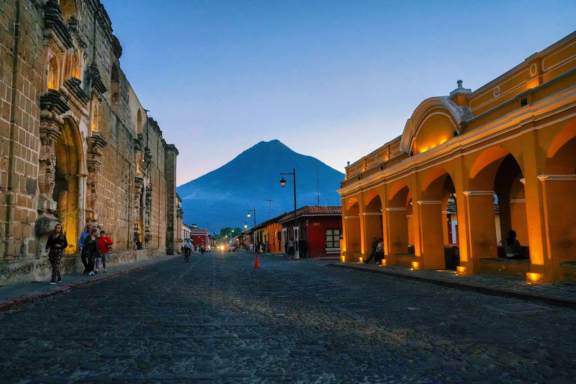 Street in Antigua, Guatemala at dusk