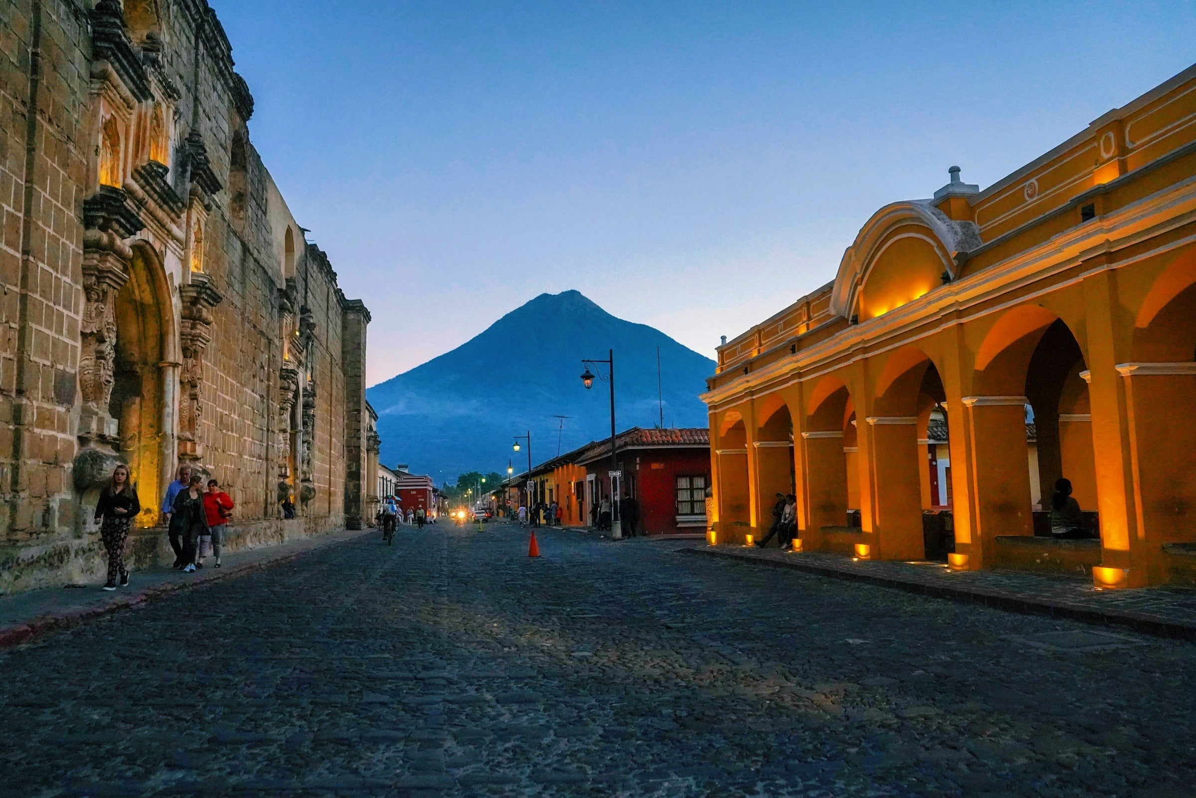 Street in Antigua, Guatemala at dusk