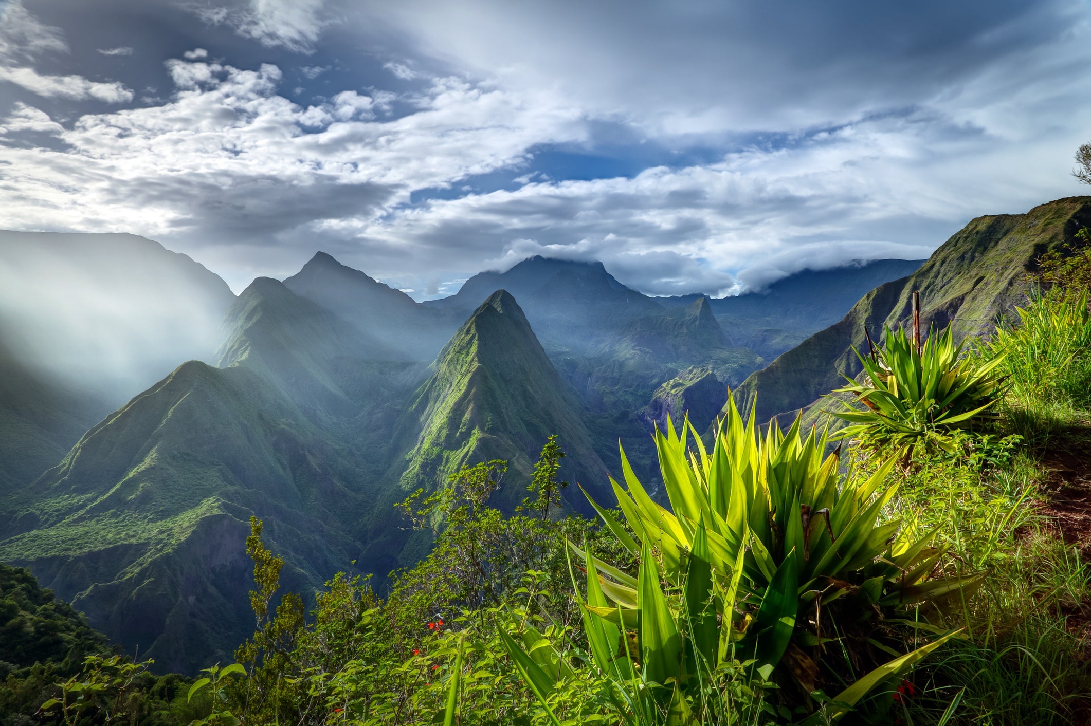 Aerial view of mountain range on Reunion Island