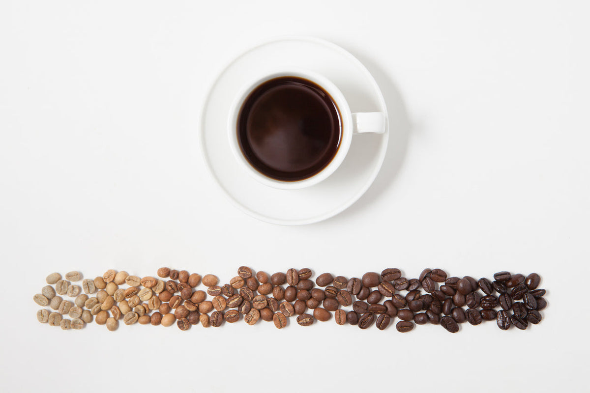 Coffee cup with coffee beans featuring a variety of roasting levels