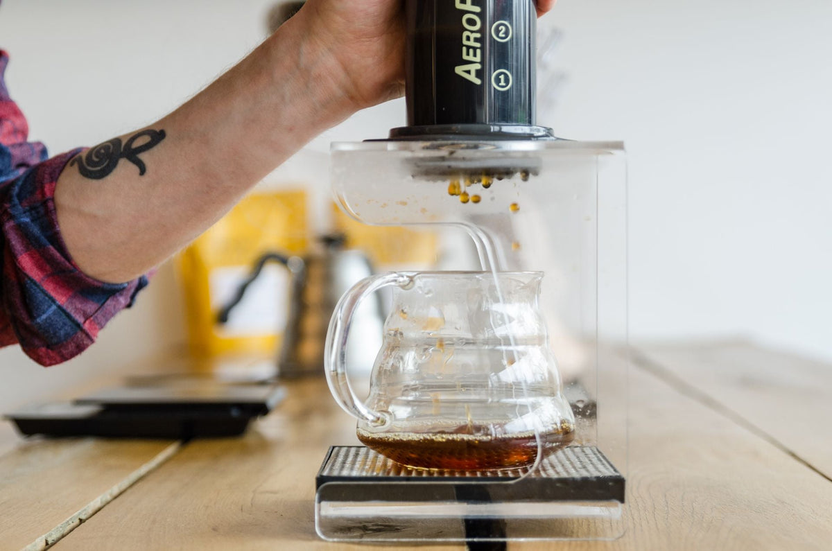 Aeropress brewing coffee over glass cup