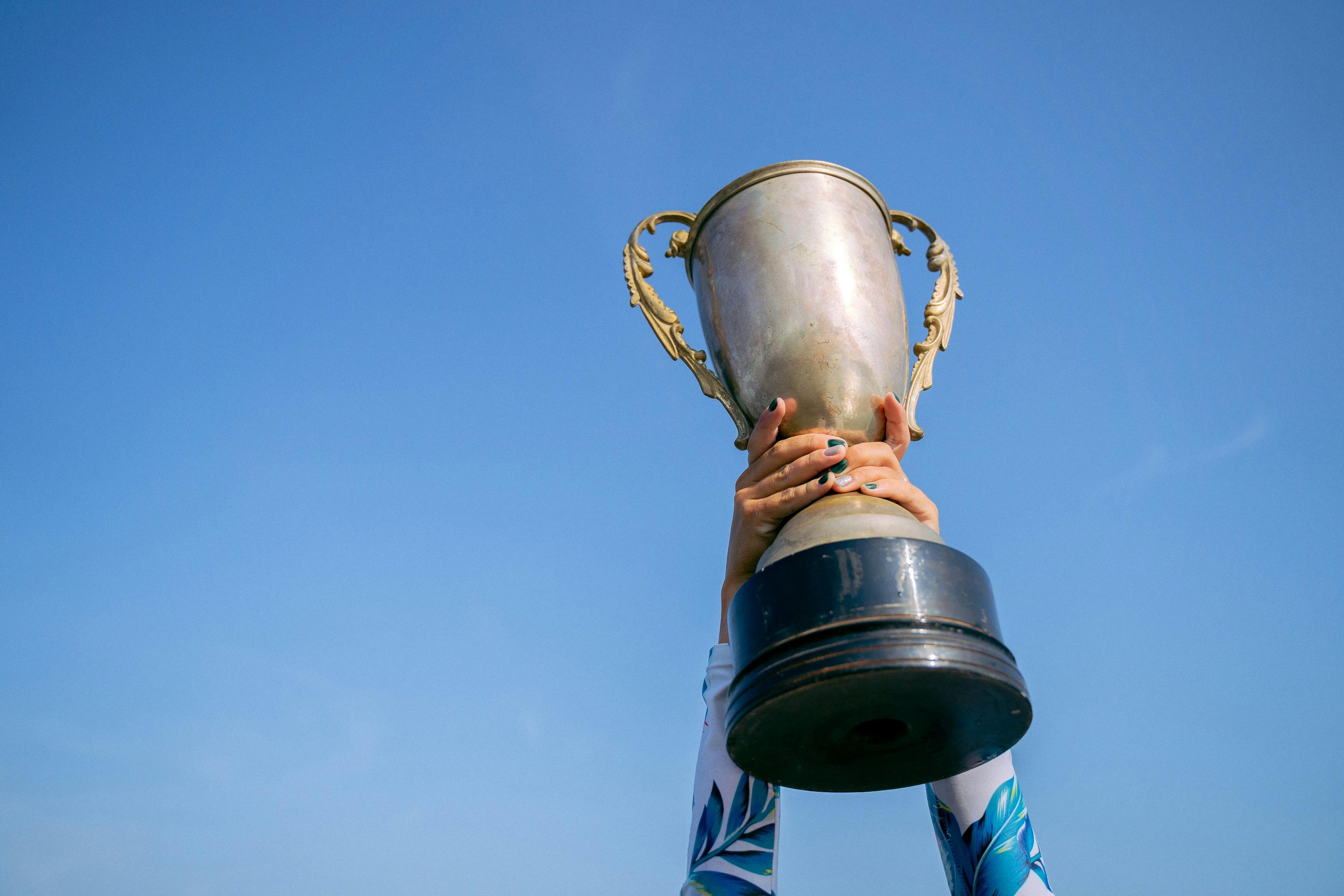 person holding gold trophy upwards against a clear blue sky