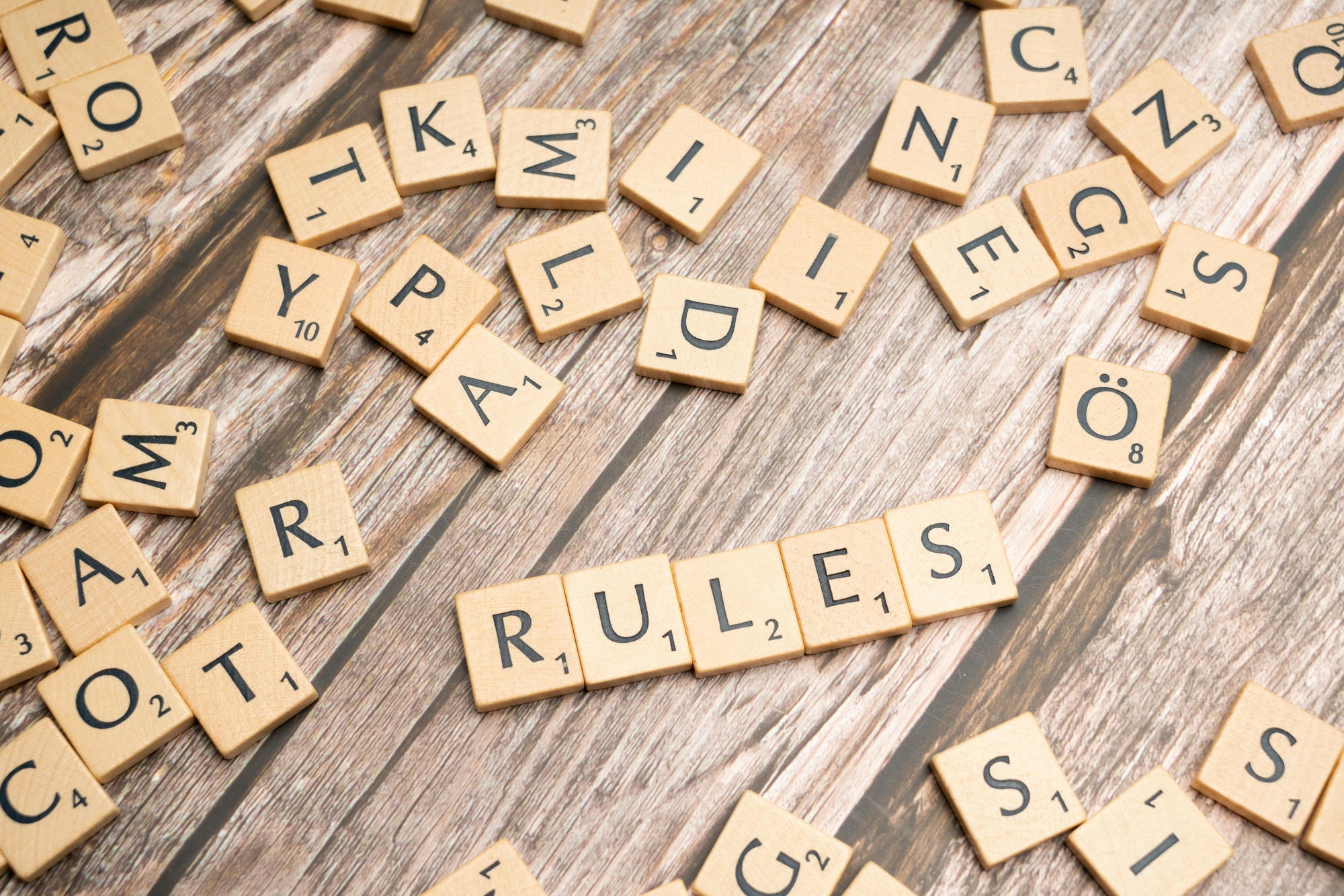 scrabble letters spelling out the word 'rules'