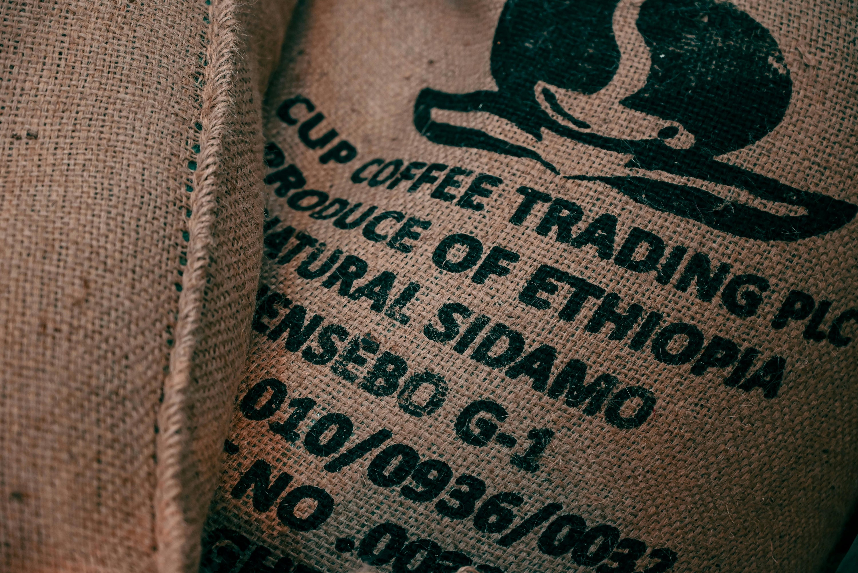 a large export bag of Ethiopian green coffee
