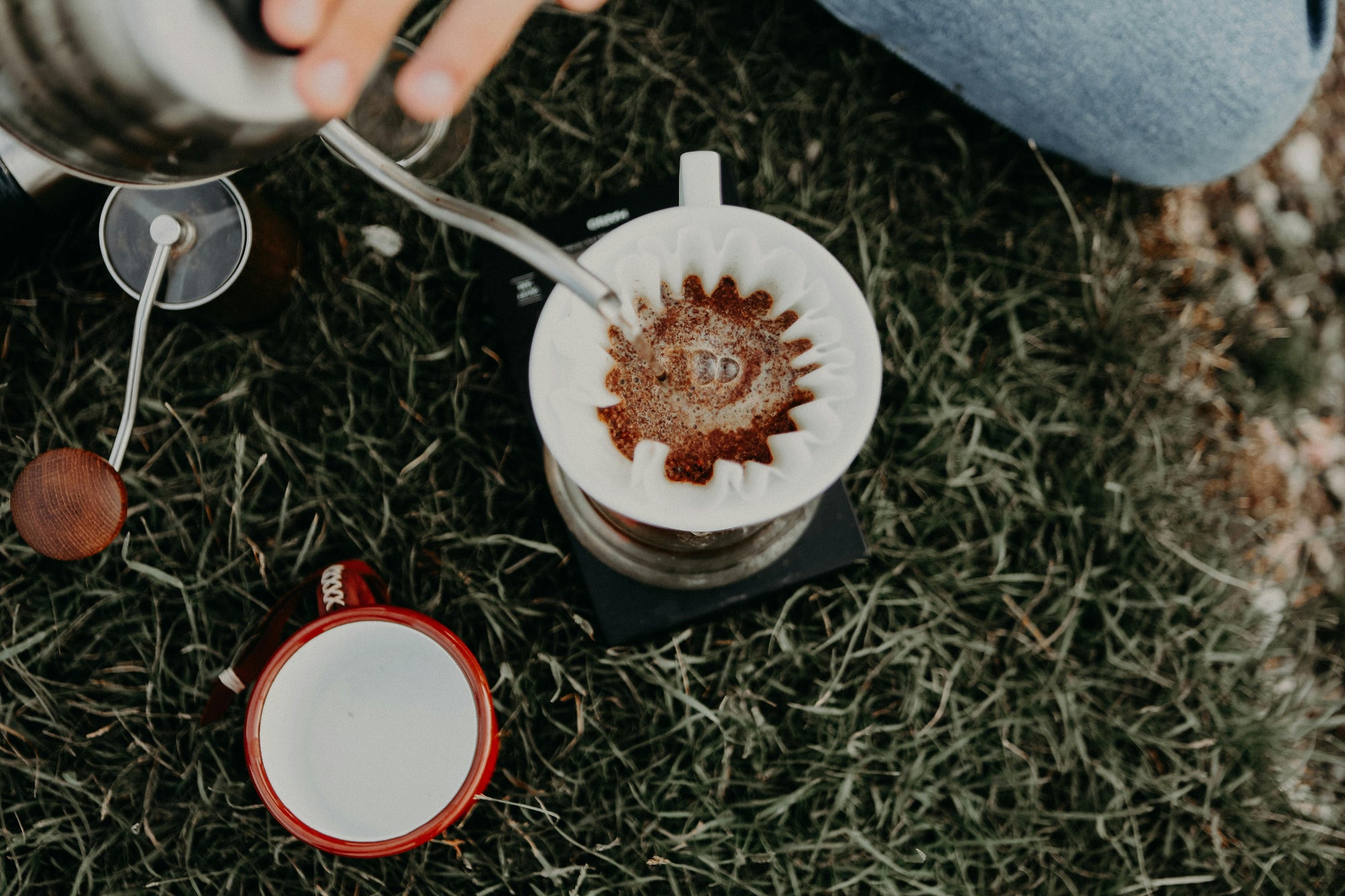 pour over coffee being made on grass