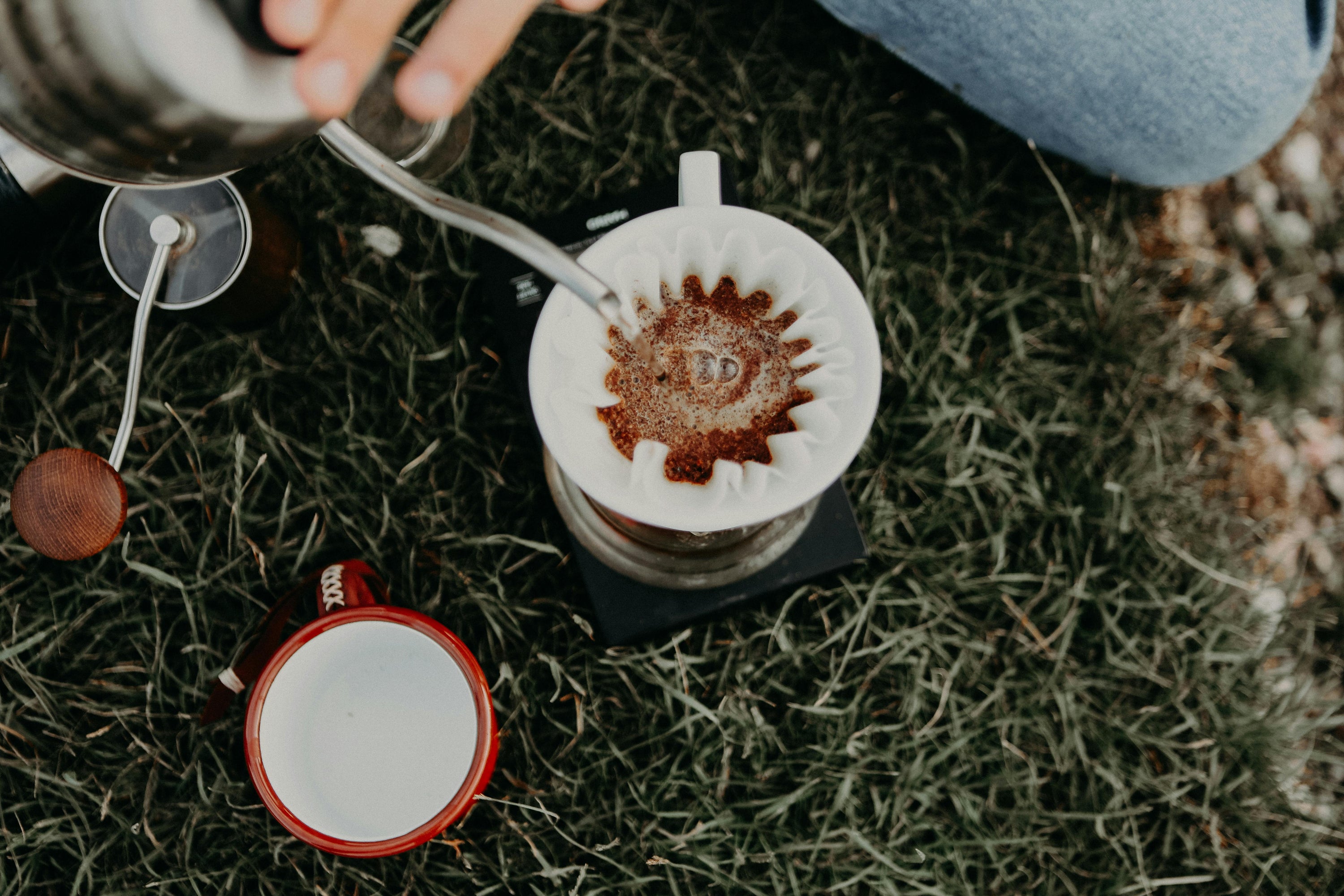 pour over coffee being made on grass