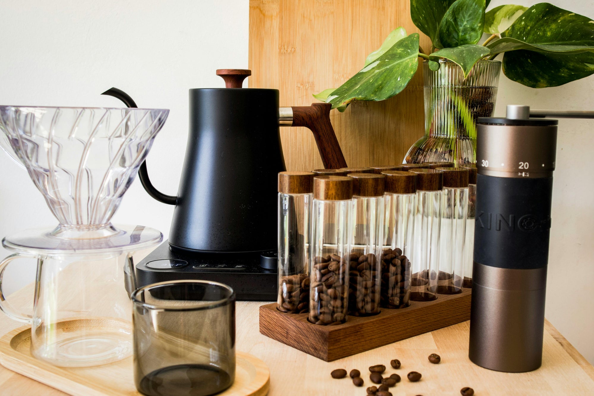 gooseneck kettle amongst other coffee making equipment