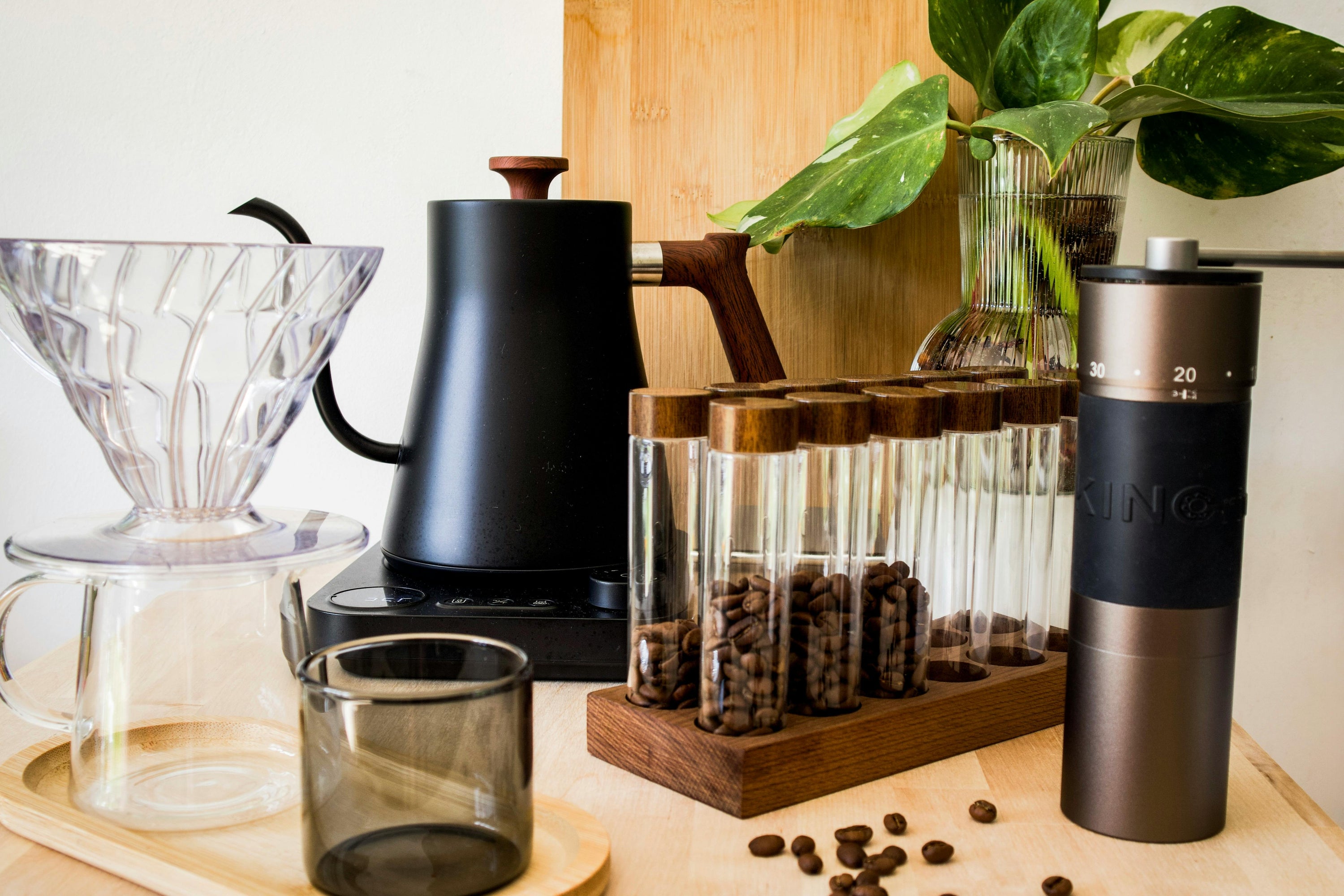 gooseneck kettle amongst other coffee making equipment