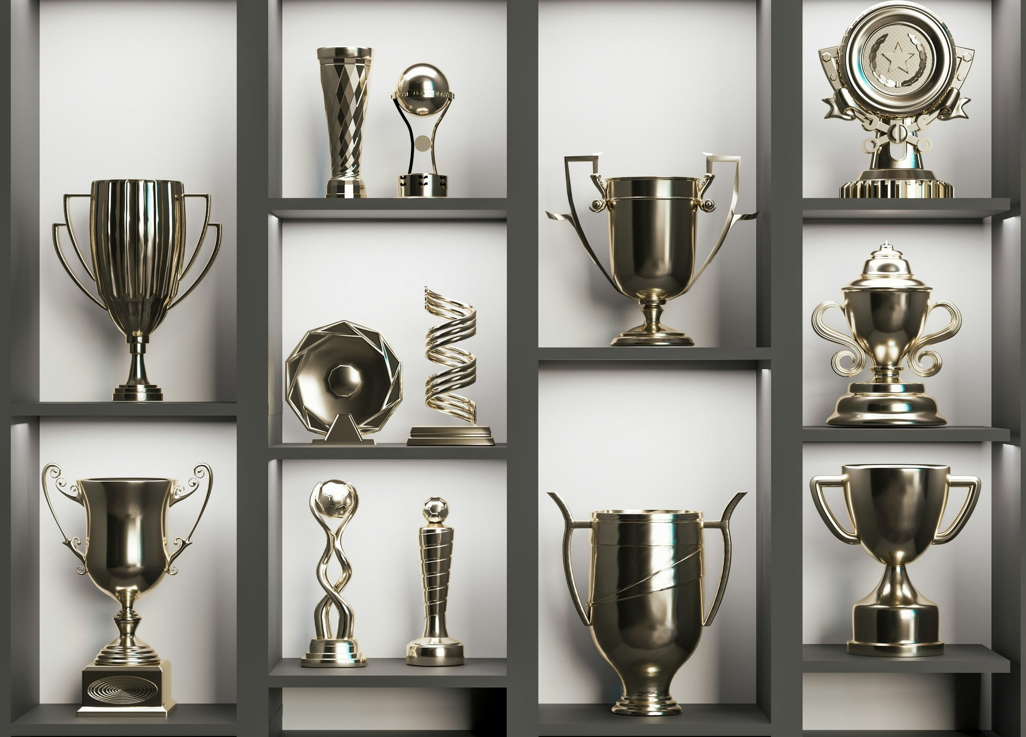silver awards sitting on shelving