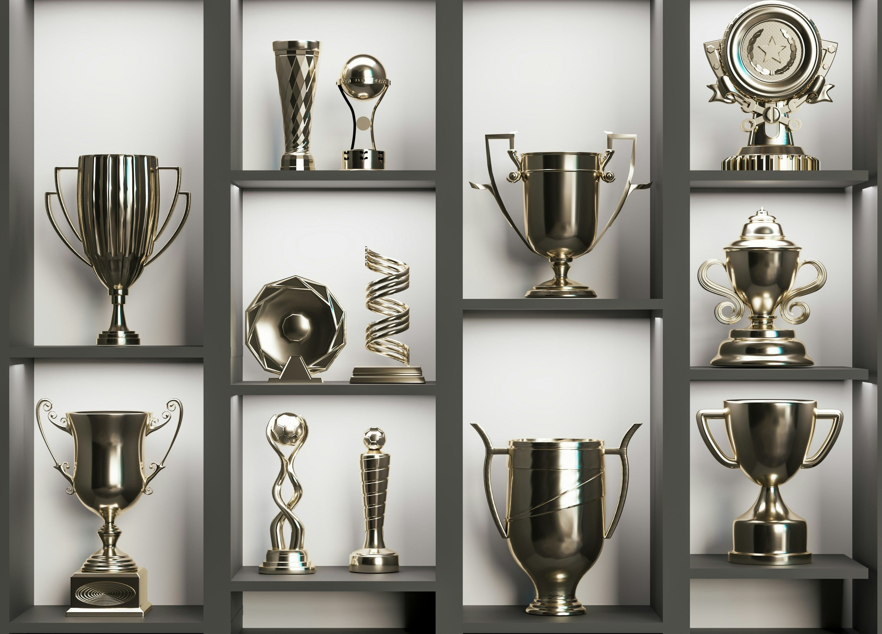 silver awards sitting on shelving