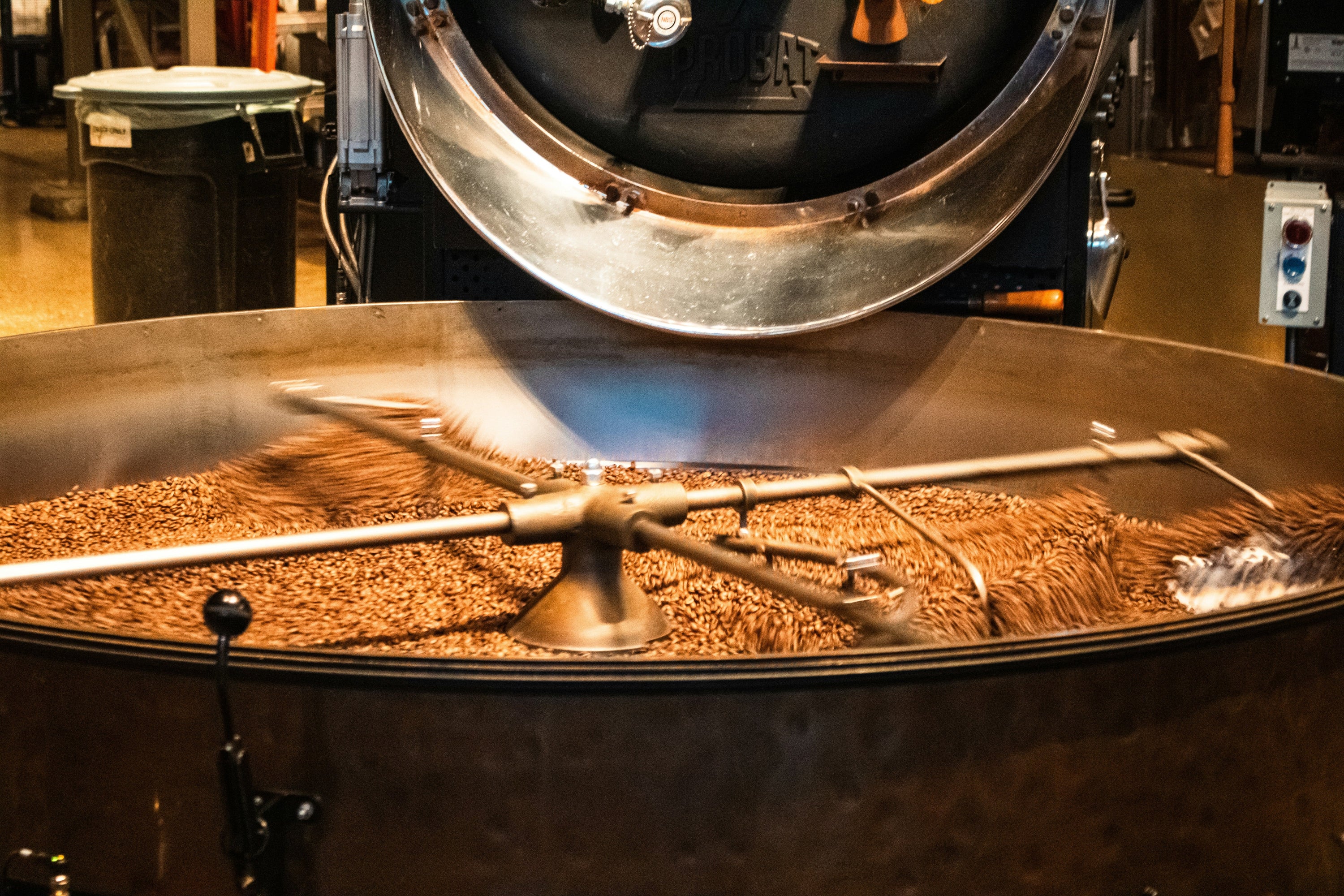 coffee beans in cooling tray after roasting
