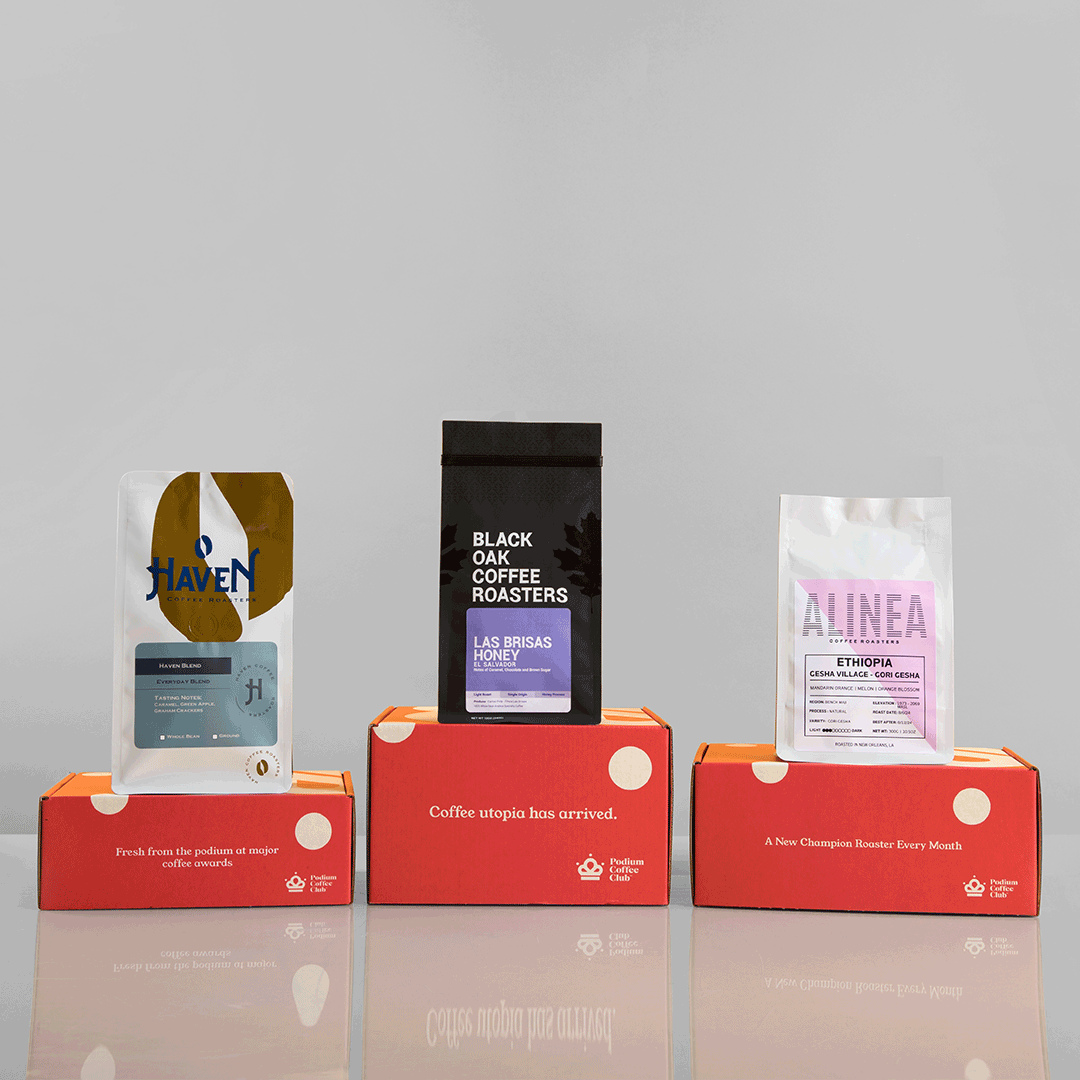 Gif of Podium Platinum selection showing red Podium Coffee Club boxes with coffee bags sitting on top of them in a podium arrangement