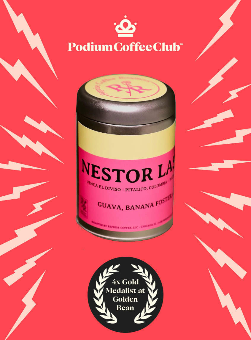Podium Coffee Club Nestor Lasso coffee can on a red background with lightning bolt designs.